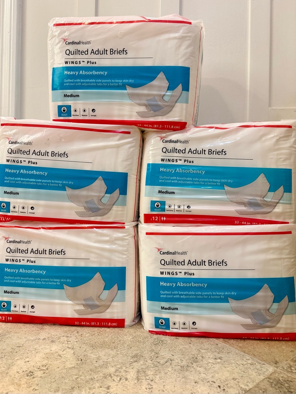 CARDINAL HEALTH 5 PACKS QUILTED ADULT BREIFS HEAVY ABSORBENCY MEDIUM WHITE/BLUE